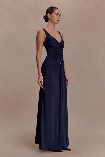 Jersey V-Neck Gathering Maxi Dress