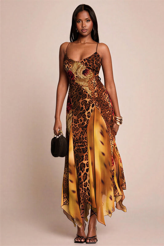 Jersey Splicing Mesh Leopard Print Midi Dress