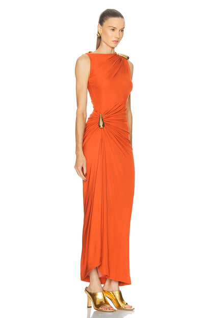 Jersey Sleeveless Metal Detail Irregular Midi Dress