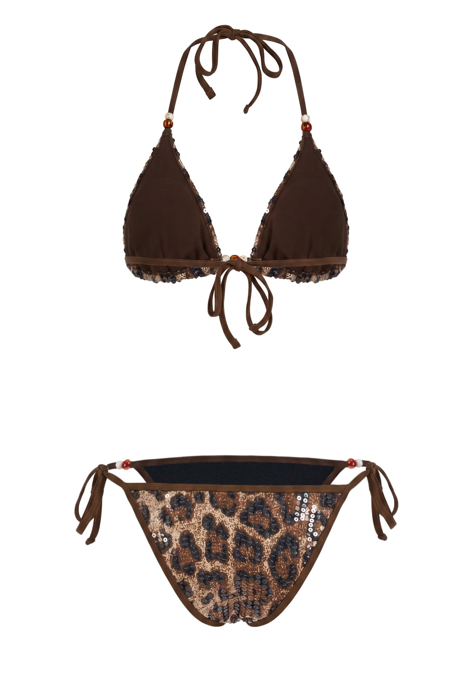 Sequin Leopard Print Beaded Bikini Two Piece Set