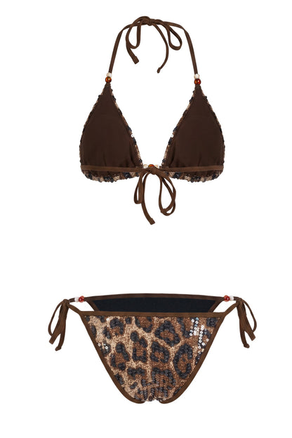 Sequin Leopard Print Beaded Bikini Two Piece Set