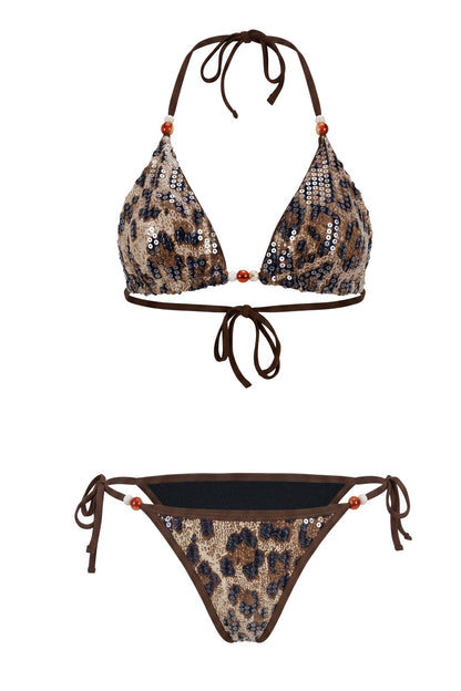 Sequin Leopard Print Beaded Bikini Two Piece Set