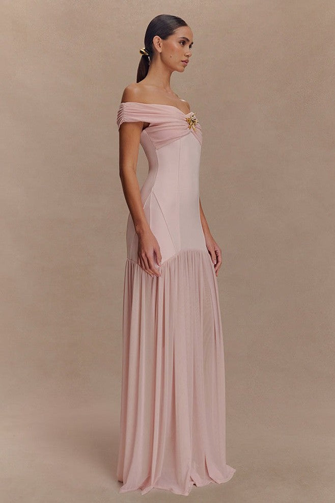 Jersey Combo Off-Shoulder Metal Buckle Maxi Dress