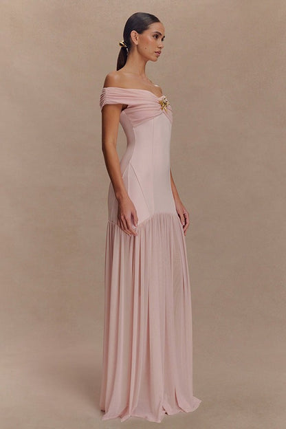 Jersey Combo Off-Shoulder Metal Buckle Maxi Dress