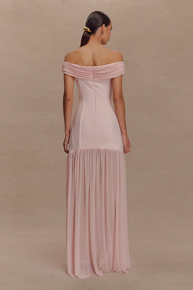 Jersey Combo Off-Shoulder Metal Buckle Maxi Dress