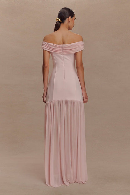 Jersey Combo Off-Shoulder Metal Buckle Maxi Dress