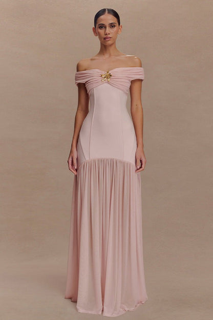 Jersey Combo Off-Shoulder Metal Buckle Maxi Dress