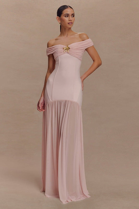 Jersey Combo Off-Shoulder Metal Buckle Maxi Dress