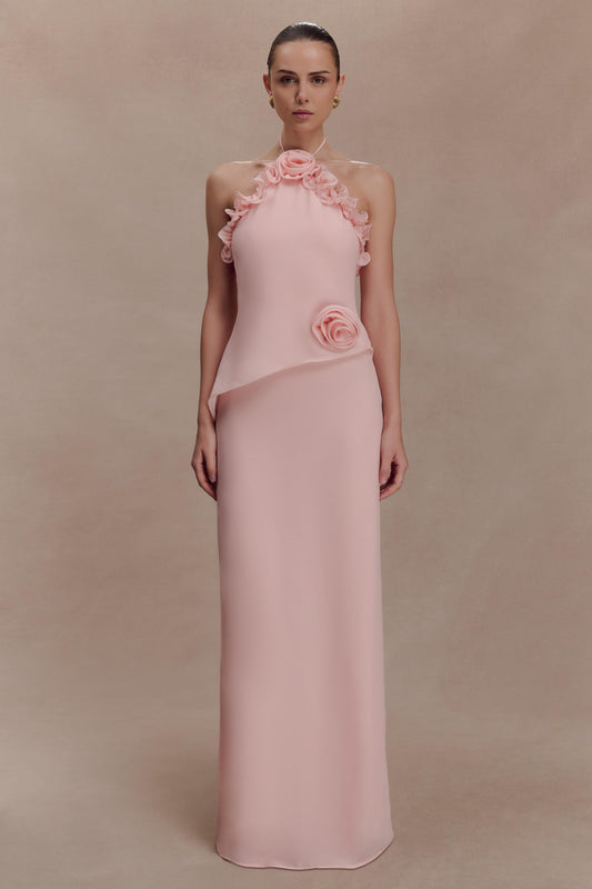 Halter Ruffle 3D Floral Maxi Dress