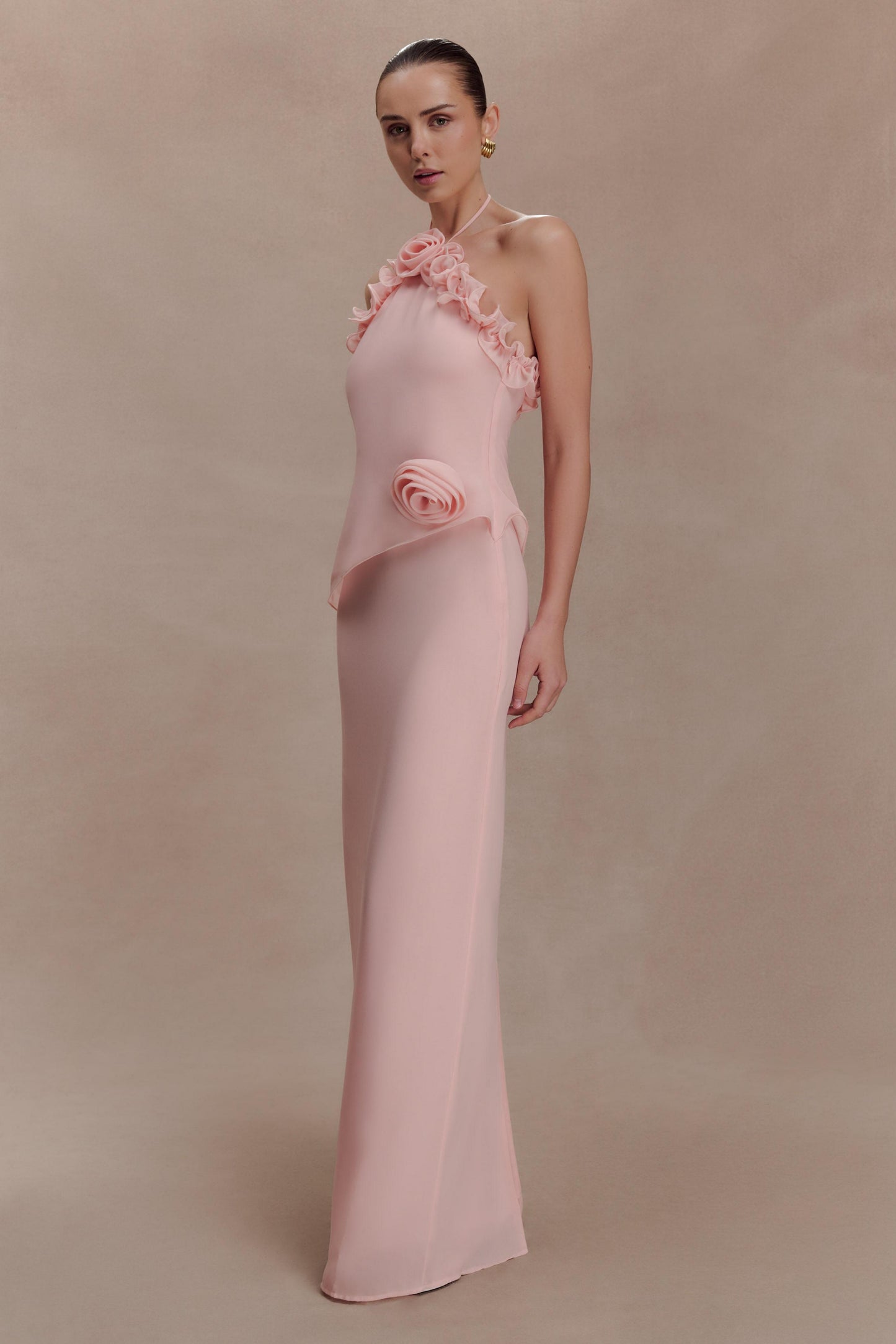 Halter Ruffle 3D Floral Maxi Dress