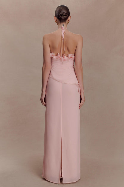 Halter Ruffle 3D Floral Maxi Dress