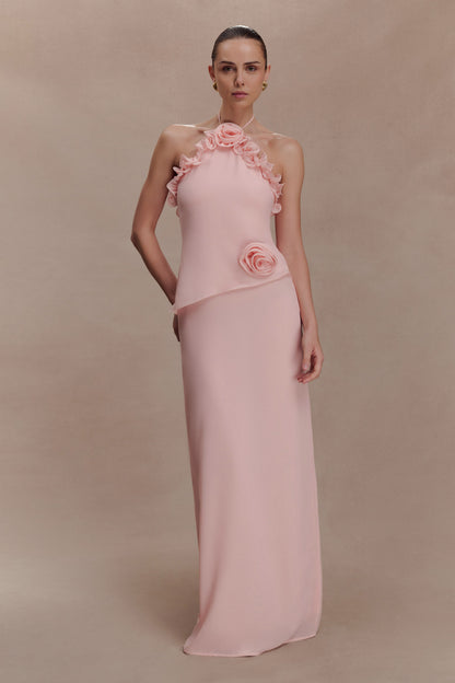 Halter Ruffle 3D Floral Maxi Dress