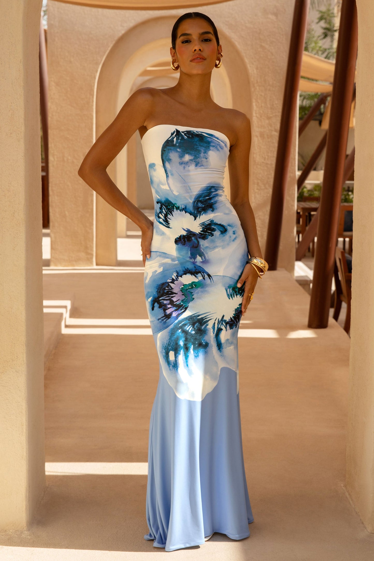 Print Strapless Mermaid Maxi Dress