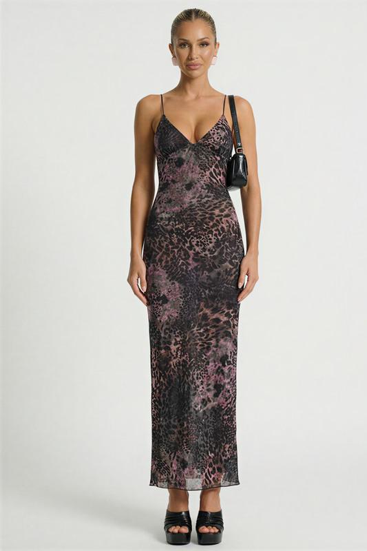 Knitted Leopard Print Open Back Midi Dress