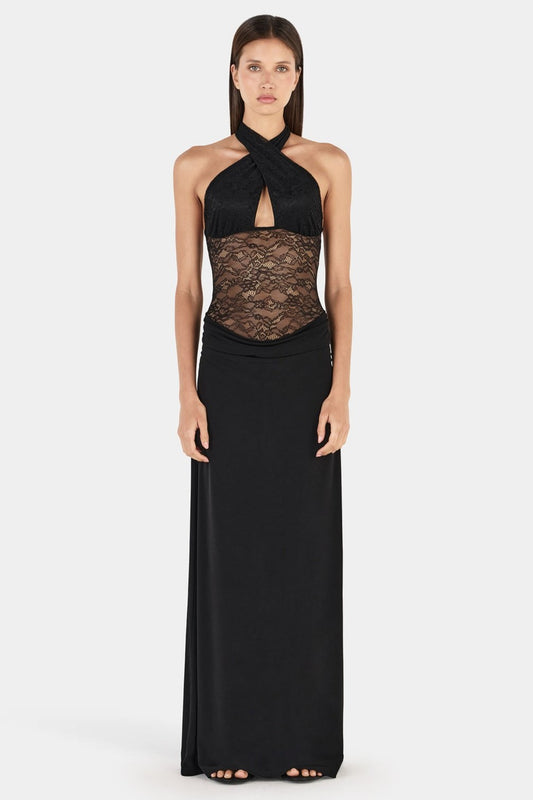 Lace Splicing Jersey See-Through Maxi Dress