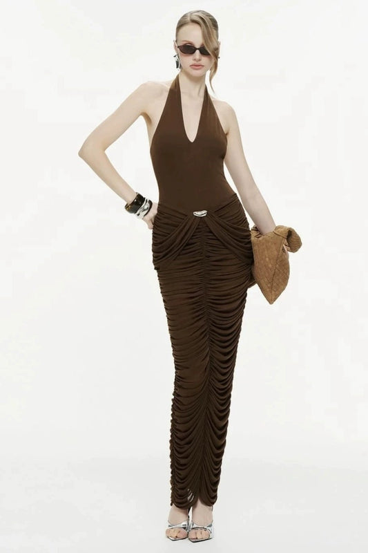 Jersey Splicing Mesh Halter Neck Maxi Dress