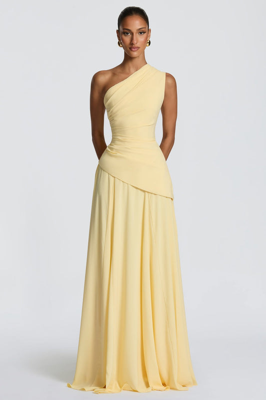Jersey One Shoulder Gathering Maxi Dress