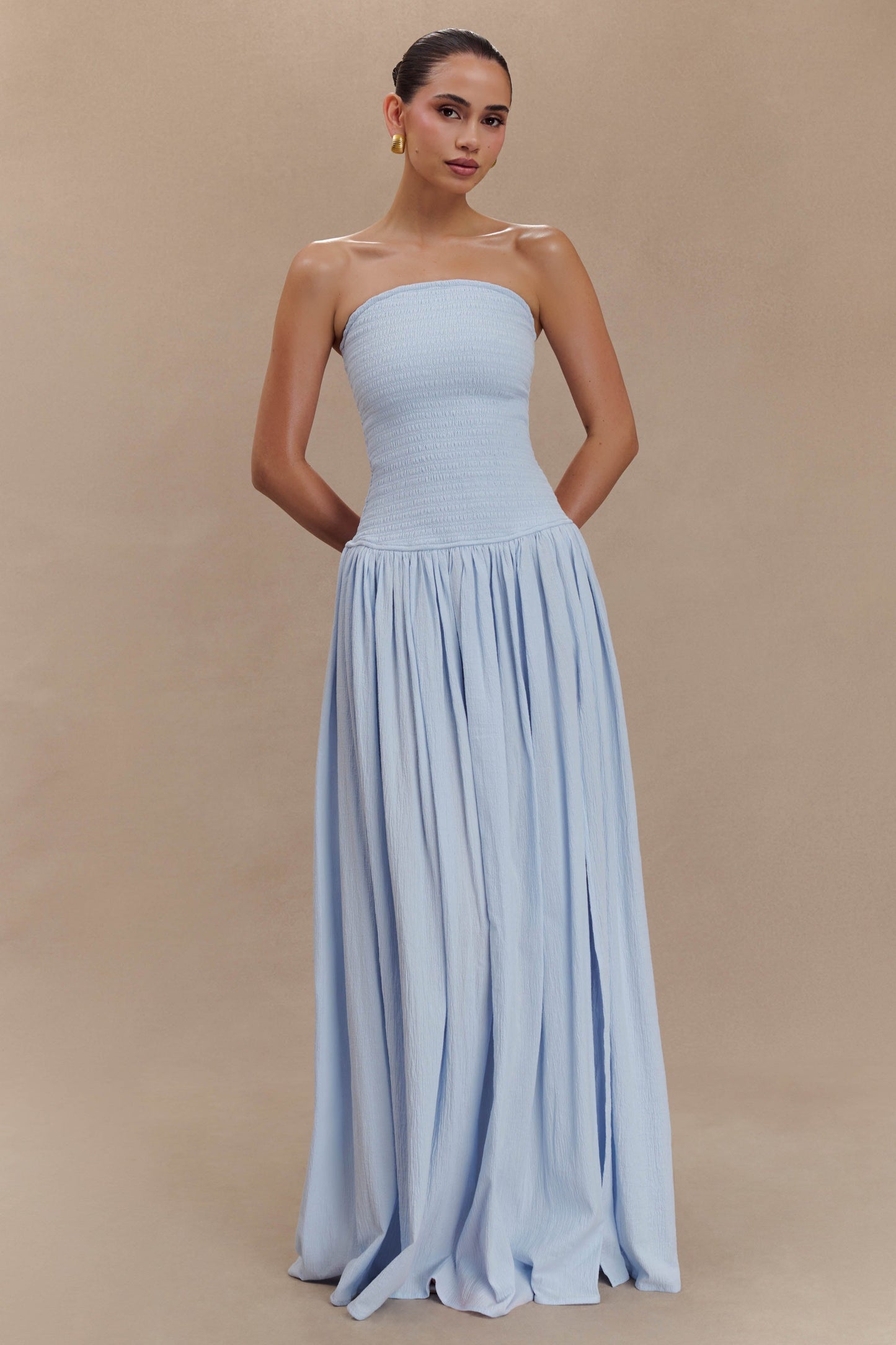 Solid Smocking Strapless Maxi Dress