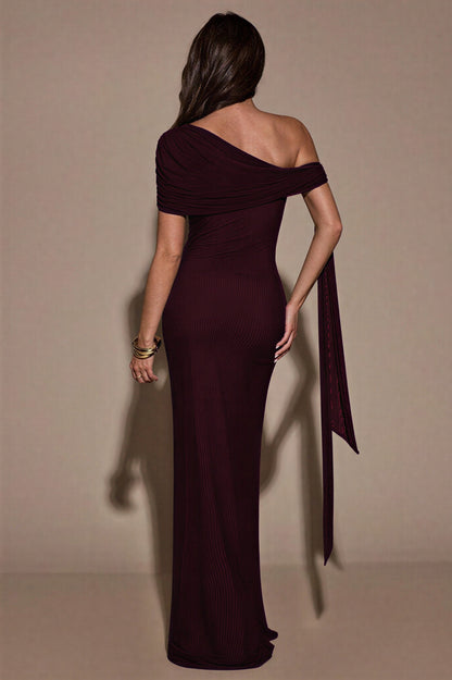 Mesh Skew Collar Knotted Maxi Dress