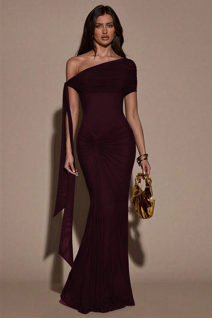 Mesh Skew Collar Knotted Maxi Dress