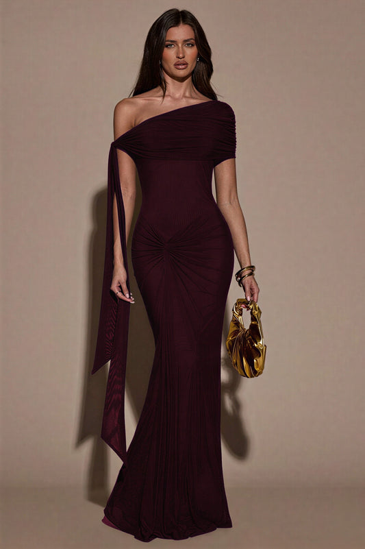 Mesh Skew Collar Knotted Maxi Dress