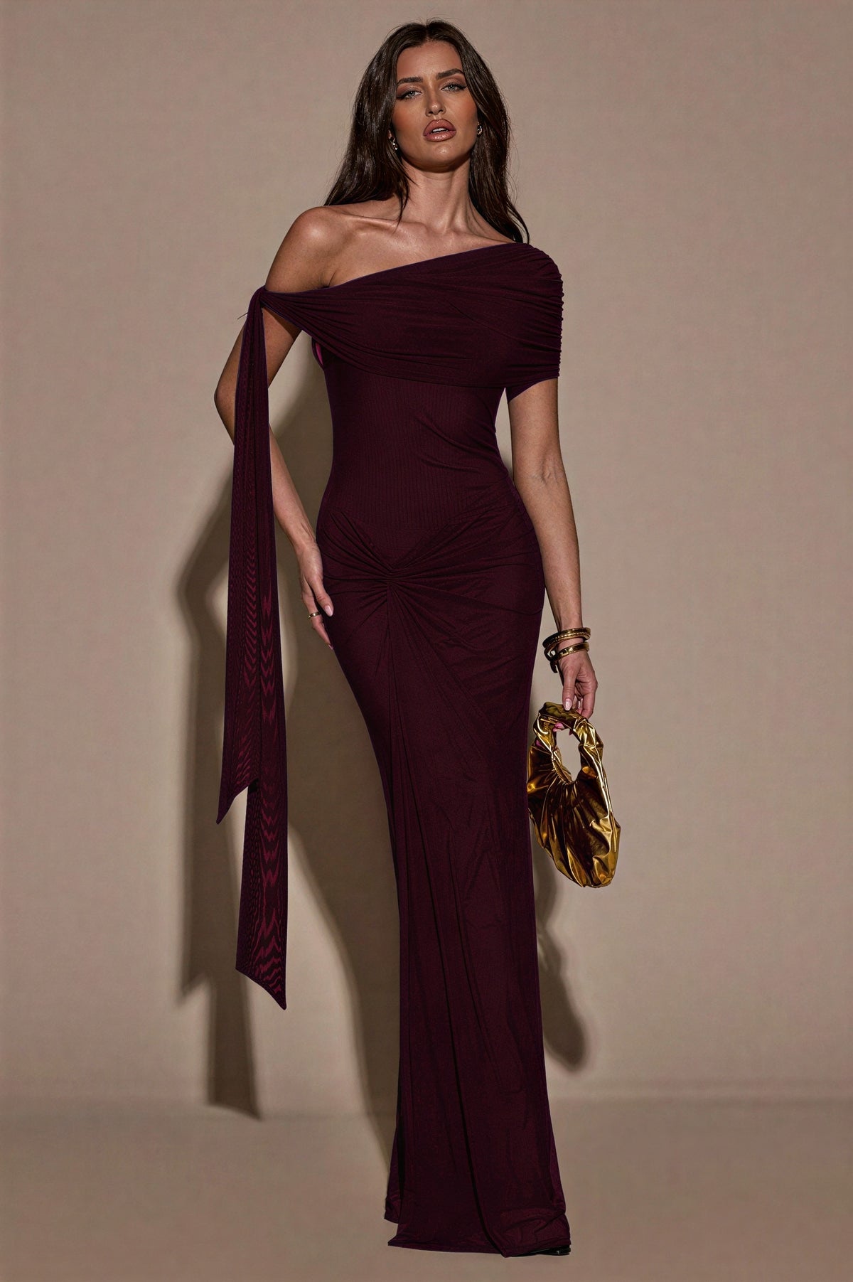 Mesh Skew Collar Knotted Maxi Dress
