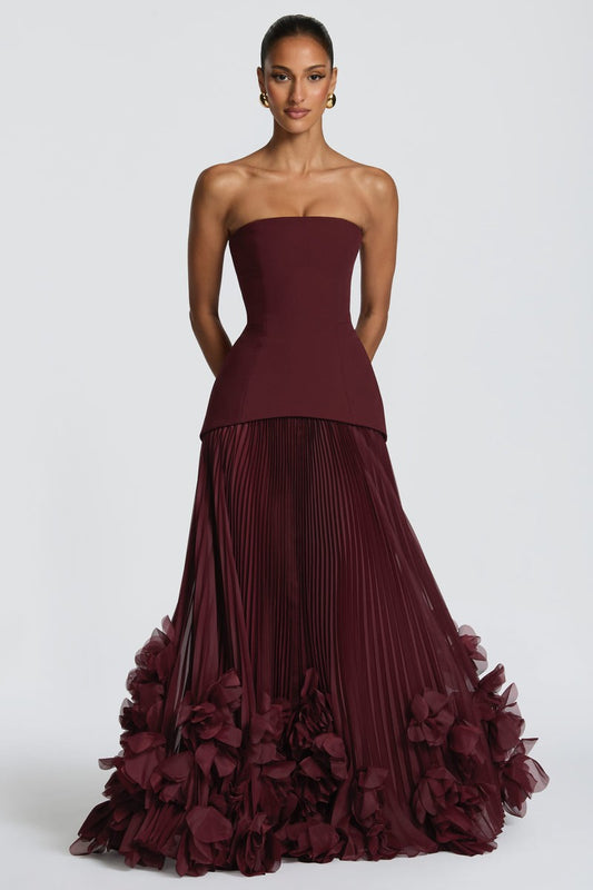 Satin Splicing Chiffon 3D Flower Strapless Maxi Dress