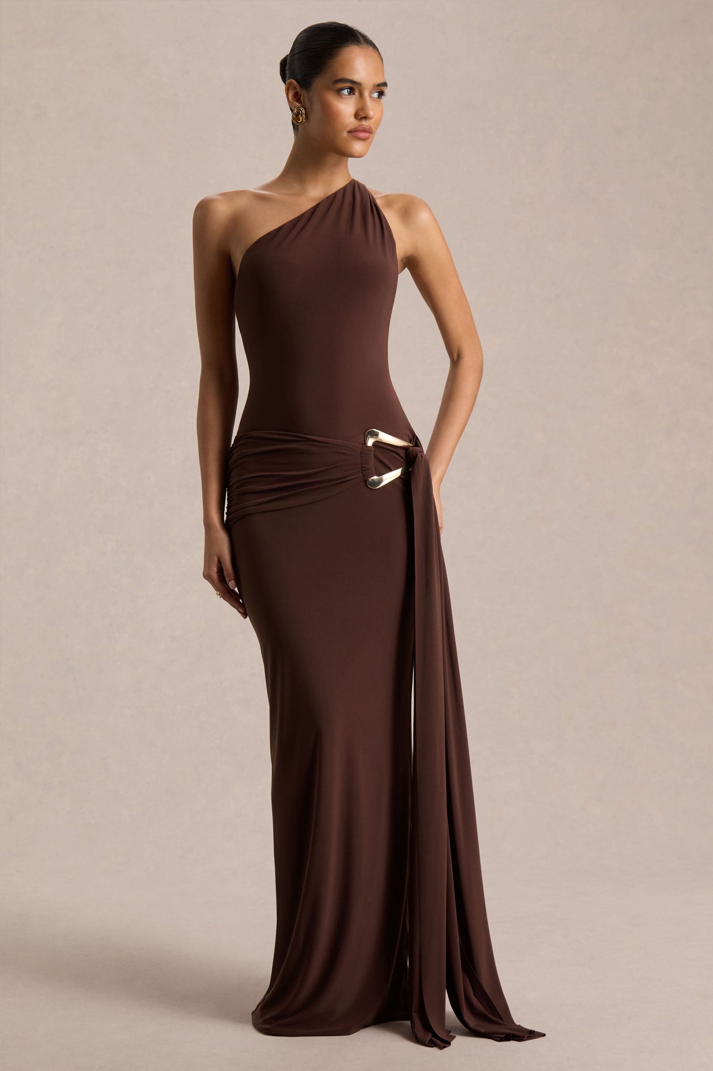 Jersey Metal Buckle Ruched Sash One Shoulder Maxi Dress