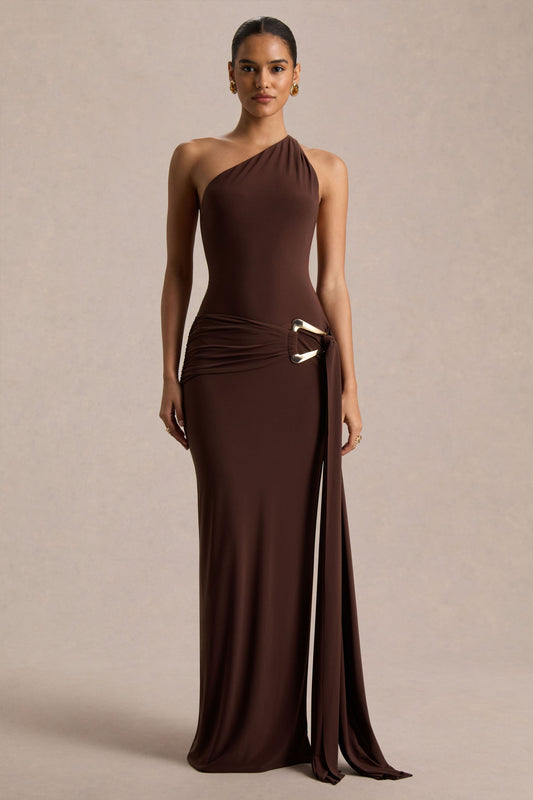 Jersey Metal Buckle Ruched Sash One Shoulder Maxi Dress