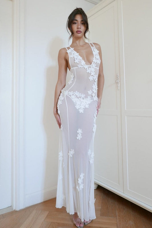 Sheer Mesh 3D Floral Slit Slip Maxi Dress