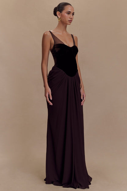 Velvet Chiffon Patchwork Ruched Maxi Dress