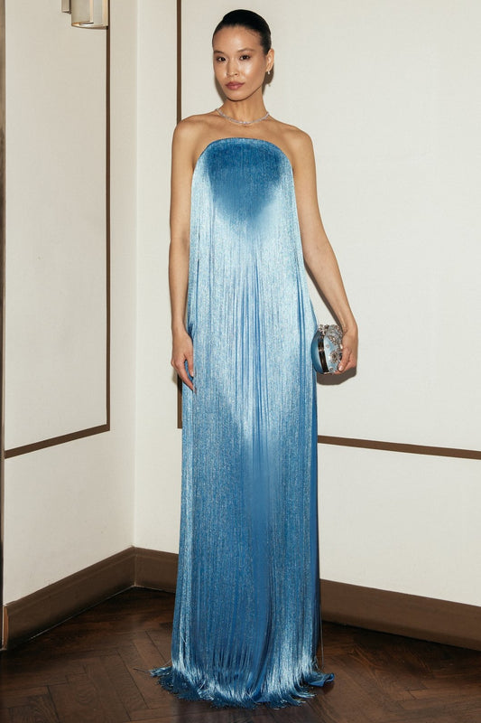 Satin Strapless Fringe Maxi Dress