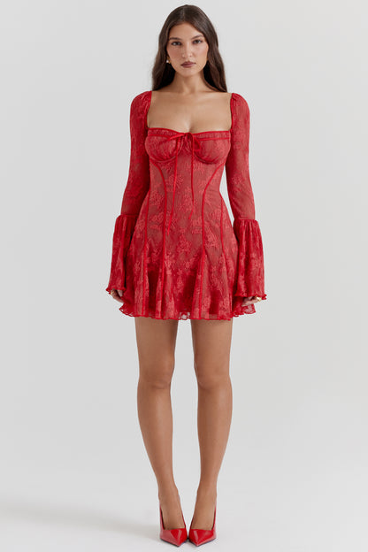 Lace Square Neck Tie Front Flare Sleeve Mini Dress