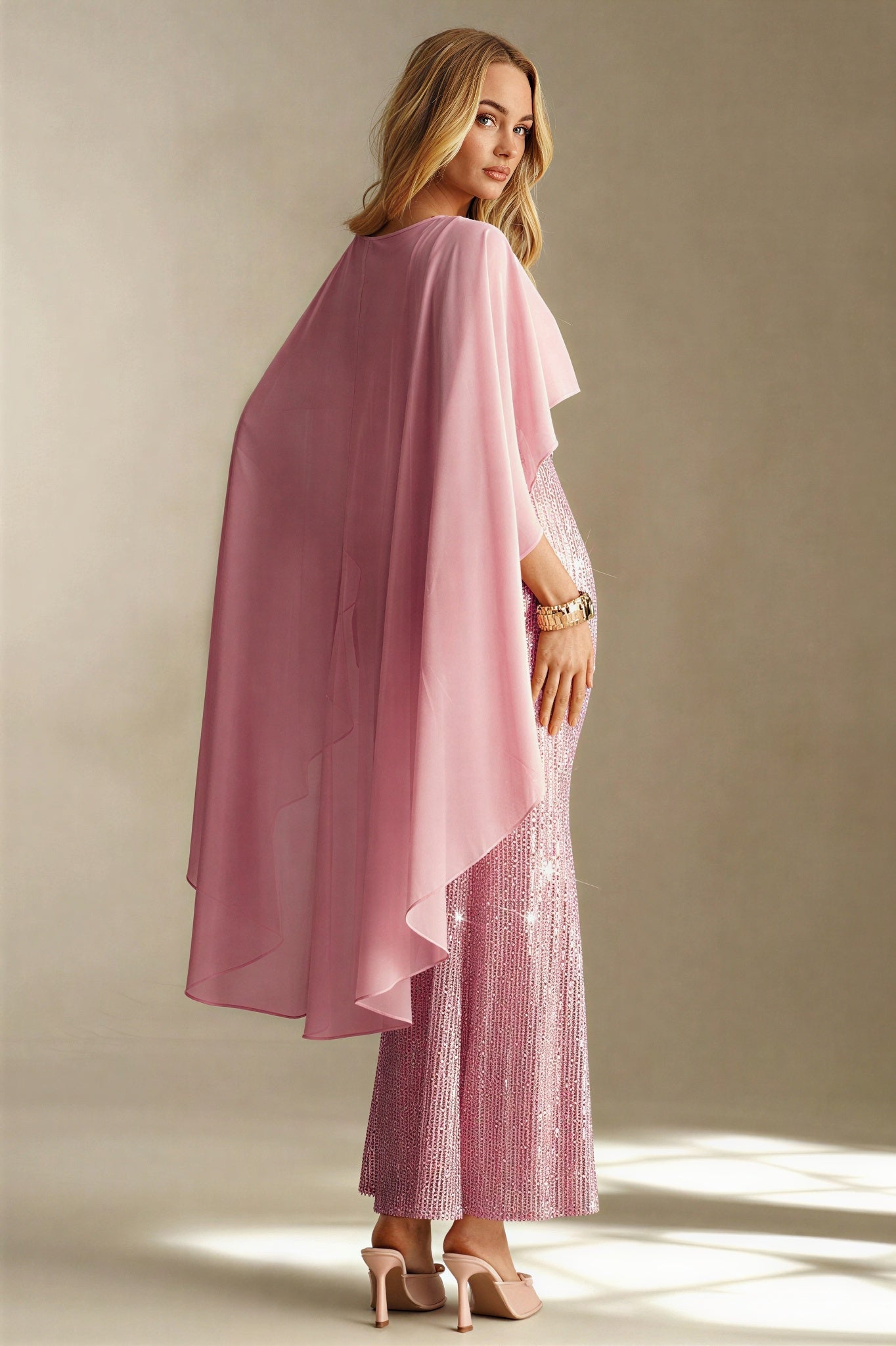 Sequin Splicing Chiffon Cape Sleeve Midi Dress