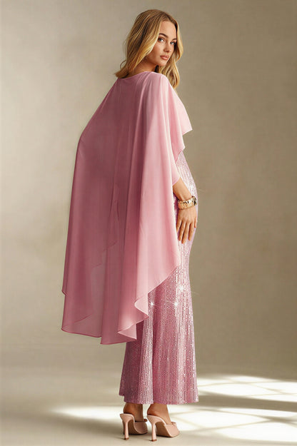 Sequin Splicing Chiffon Cape Sleeve Midi Dress