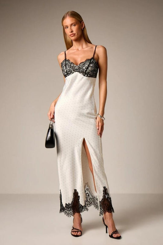 Lace Splicing Polka Dot Slit Midi Dres