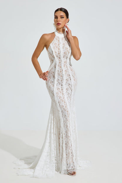 Lace Halter Neck Tie-Up Maxi Dress