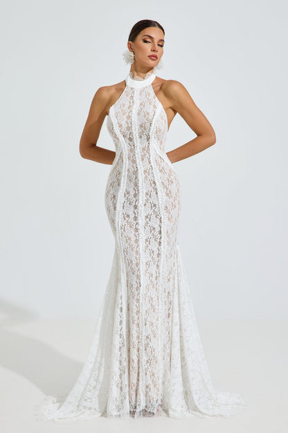 Lace Halter Neck Tie-Up Maxi Dress