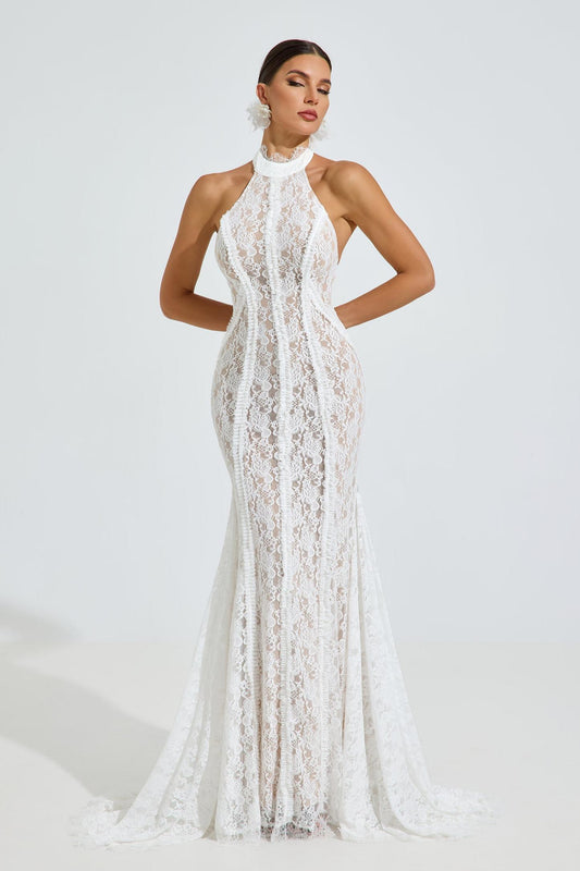 Lace Halter Neck Tie-Up Maxi Dress