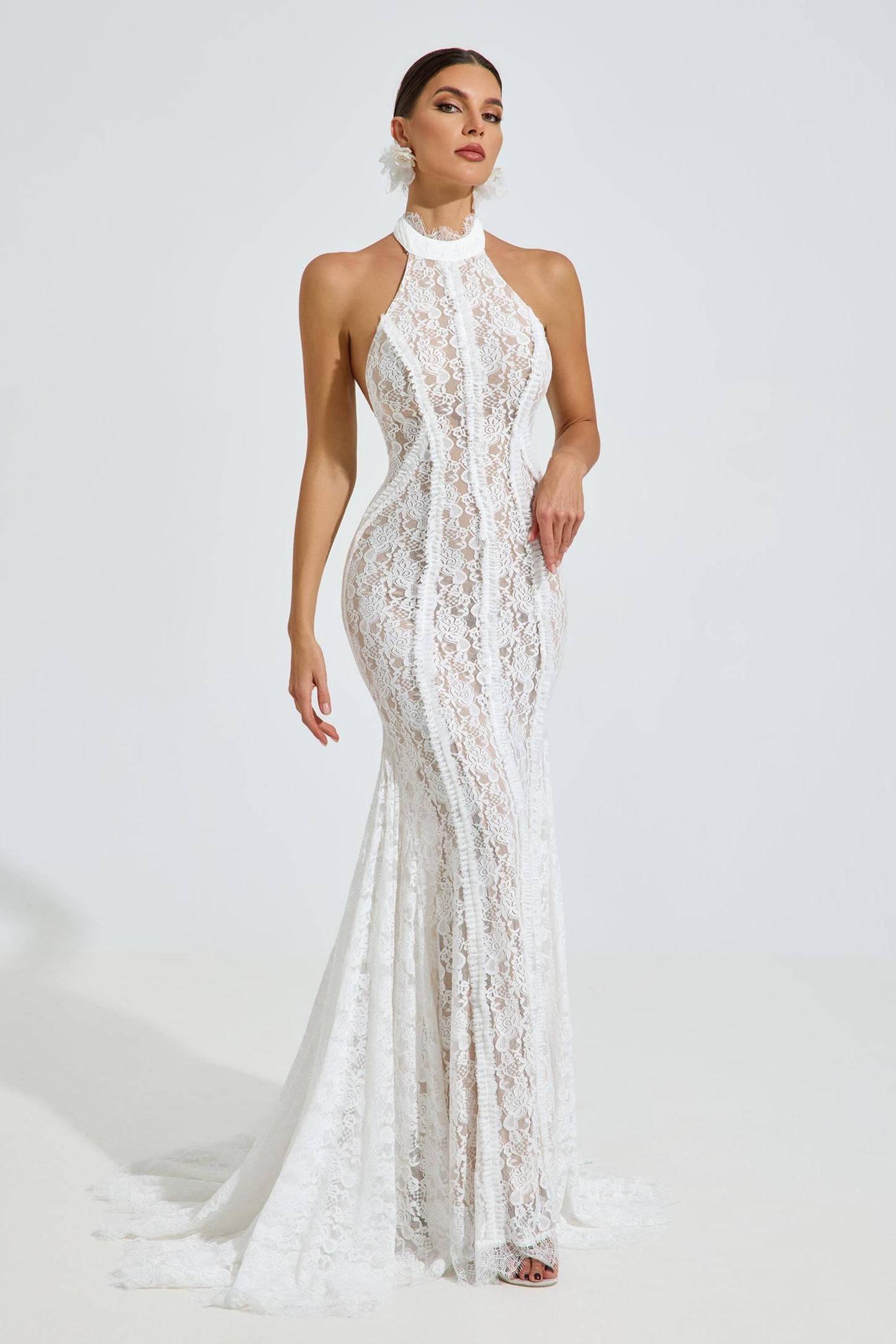 Lace Halter Neck Tie-Up Maxi Dress