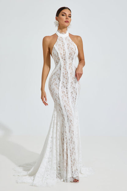 Lace Halter Neck Tie-Up Maxi Dress