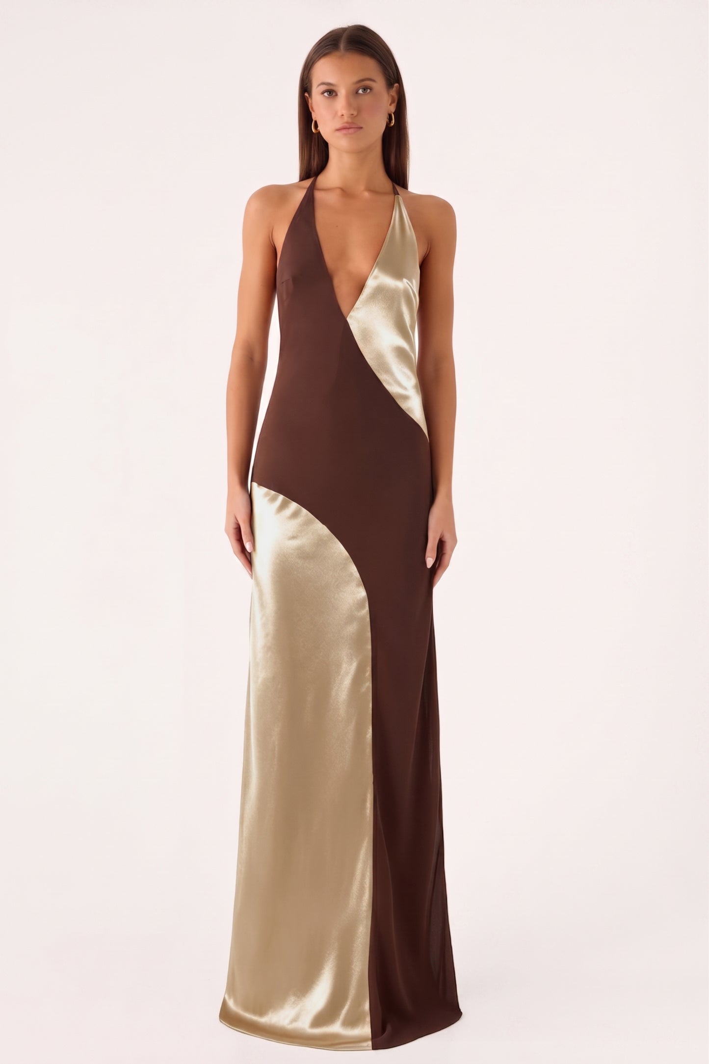 Satin Splicing Jersey V-Neck Backless Maxi Dress