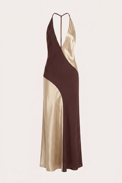 Satin Splicing Jersey V-Neck Backless Maxi Dress