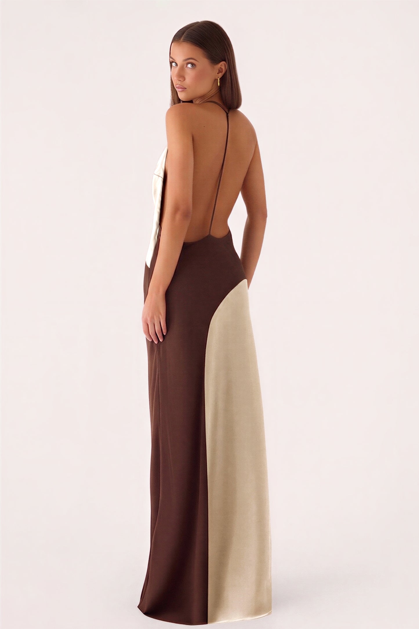Satin Splicing Jersey V-Neck Backless Maxi Dress