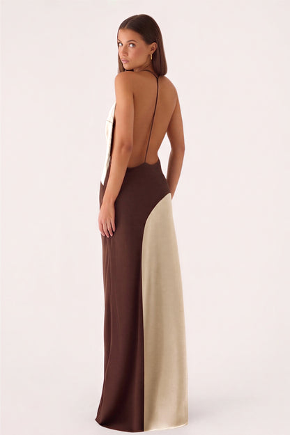 Satin Splicing Jersey V-Neck Backless Maxi Dress
