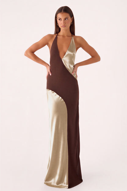Satin Splicing Jersey V-Neck Backless Maxi Dress