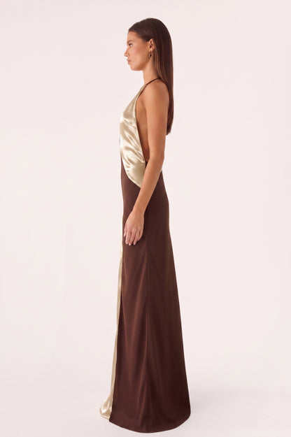 Satin Splicing Jersey V-Neck Backless Maxi Dress
