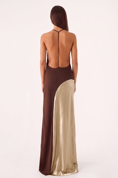 Satin Splicing Jersey V-Neck Backless Maxi Dress