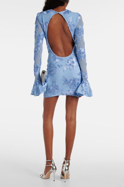 Embroidered Long Sleeve Backless Mini Dress