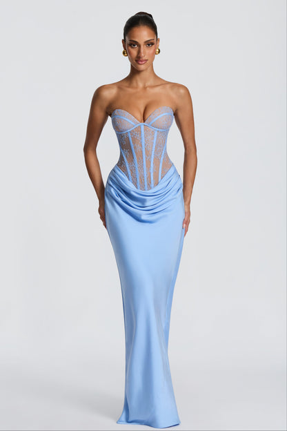 Lace Splicing Jersey Strapless Maxi Dress